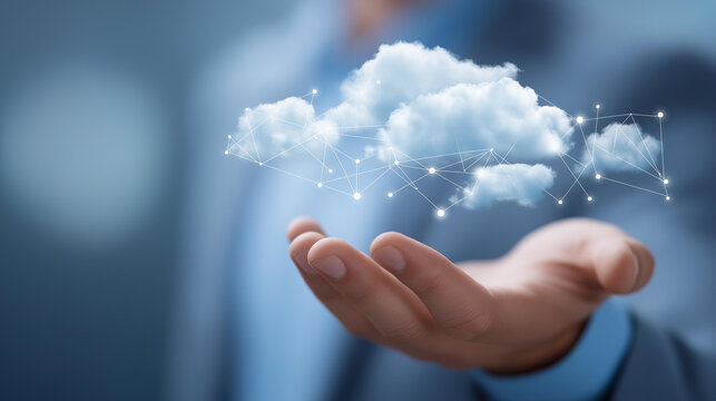 Businessman hand showing cloud diagram with network connections, faceless cloud technology, computing visualization detail, defocused background blur, data storage concept, interne