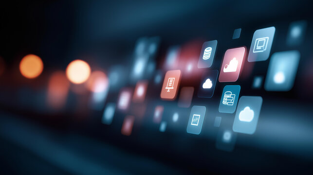 Big data analytics visualization with database icons defocused, faceless data technology, cloud storage visualization, blurred digital background, file transfer detail, cyber infor