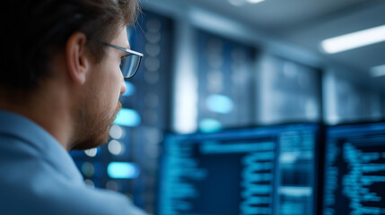 Engineer working in server room with network defocused racks, faceless data center, cybersecurity visualization detail, blurred computer background, data analytics concept, trouble
