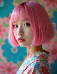 Fototapeta premium Young woman with pink hair and floral attire. She wears makeup and a patterned kimono against a bold flower background. Fashionable look showcases youthful vibrant style.
