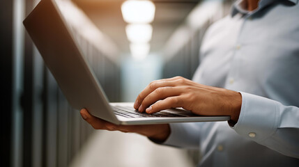 IT specialist with laptop in data center defocused servers, faceless network professional, cloud computing visualization, blurred server farm, maintenance work detail, cybersecurit