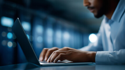 IT specialist with laptop in data center defocused servers, faceless network professional, cloud computing visualization, blurred server farm, maintenance work detail, cybersecurit