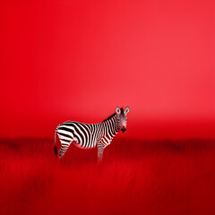 Surreal artistic zebra standing in tall grass against vibrant red background