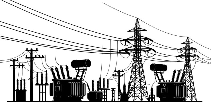 Silhouette Illustration Of Electrical Substation With Transformers And Power Lines For Industrial Energy Concepts, electrical substation, power plant, silhouette, transformer, electricity
