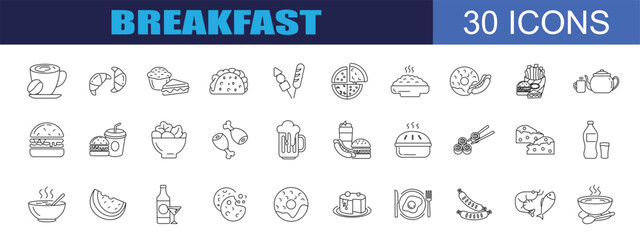 collection of breakfast icons, editable stroke.	