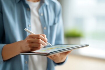 Digital drawing and design, a creative person using a stylus pen on a tablet screen for graphic work