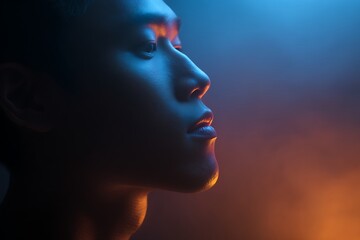 Dramatic portrait of a man with a vacant, distant gaze, as wisps of ethereal smoke mysteriously hover above his head, symbolizing deep contemplation or lost thoughts