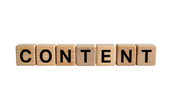 Content concept spelled out with wooden blocks against a stark black background, ideal for marketing and creative design projects