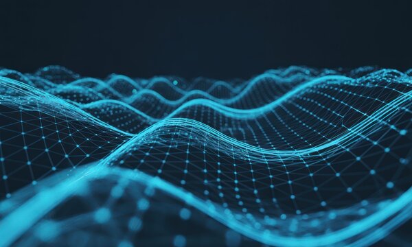 Abstract undulating turquoise grid forming a network, depth of field