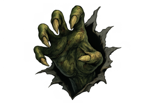 Green monster hand ripping through material, a terrifying creature clawing, horror concept, transparent background