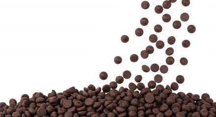 Chocolate chips falling dark background isolated on a transparent background