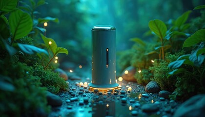 Futuristic device glows among lush plants and water. Small lights twinkle near moss and stones, creating a serene, techy environment. Represents innovation in nature.