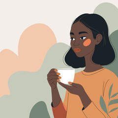 Black woman holding cup calmly against abstract pastel background, relief of missing out, digital detox, cozy solitude, slow living – words + concept