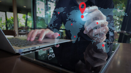 Digital World Map with Location Markers and Mobile Workspace