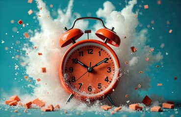 Red vintage alarm clock explodes into pieces. White smoke, orange fragments scatter against vivid blue background. Illustration conveys concepts of deadline, urgency, time running out, broken,