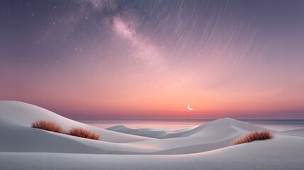 Desert Night Star Trails Over Sand Dunes and Ocean Under a Pink and Purple Sky with Milky Way Galaxy Visible