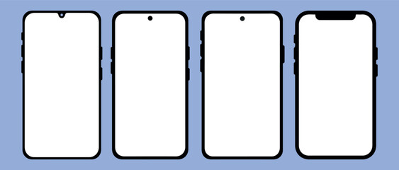 A clean vector set showing four different modern mobile phone screen layouts. Includes teardrop notch, punch-hole, and a wider notch design. Ideal for showcasing app or web designs in tutorials.