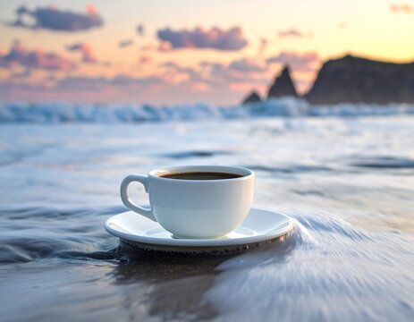 A white coffee cup sits on its saucer, partially submerged in ocean surf at sunrise, a rocky coast forming the backdrop