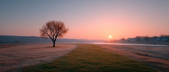 A solitary tree silhouetted against a warm gradient sunset sky with rolling hills and distant mist over water in a serene landscape