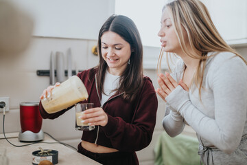 Two young women enjoy a moment in the kitchen as they prepare a healthy smoothie, sharing laughter and culinary creativity. Their connection reflects friendship and fun in a cozy home setting.