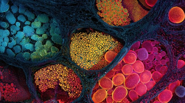 Colorful microscopic view showing detailed structure of mitochondria and cellular components in various shades