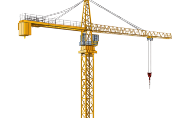 Tower crane for construction work standing alone in a clear sky, showcasing its bright yellow structure and heavy lifting capabilities for building projects