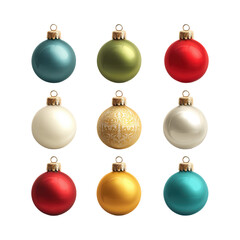 Assorted Shiny Christmas Baubles in Teal, Green, Red, White and Gold for Festive Decor on transparent background
