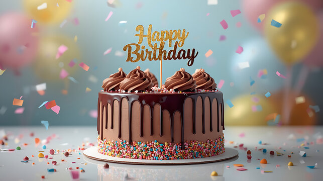 chocolate birthday cake with drip frosting swirls and happy birthday topper in festive setting
