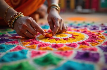 Obraz premium Hands create colorful mandala pattern on floor with powder during indian festival. Intricate rangoli design made with bright dust. Traditional art for celebration decoration.