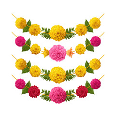 Festive floral garland featuring yellow and pink flowers with traditional foliage design, perfect for celebrations on transparent background