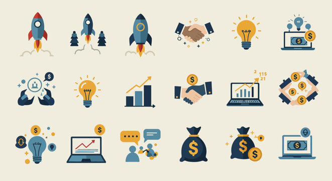 Visualize success! These vibrant startup icons and financial symbols are perfect for presentations, websites, and marketing materials. Drive growth and innovation today!