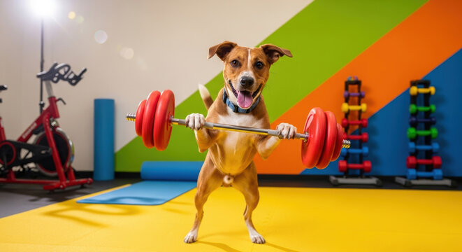 Energetic dog lifting red barbell in bright gym with colorful walls fitness mood training scene full of motivation strength fun movement positivity energy