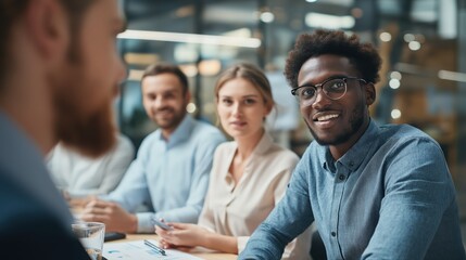 A group of professionals engaged in a discussion, showcasing collaboration and diverse perspectives in a modern office setting.