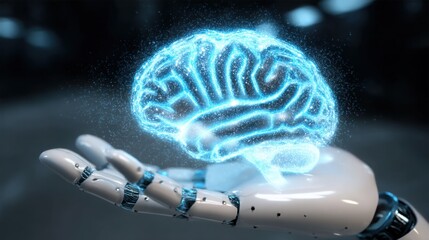 A metal arm with a holographic brain. Visualizing the connection between humans and machines, advancing AI.