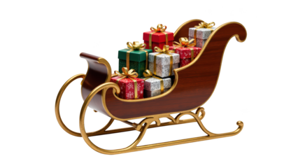 Festive sleigh filled with colorful wrapped gifts, perfect for holiday celebrations and winter festivities