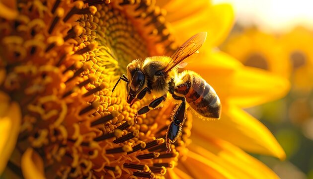 A bee gathers pollen on a golden sunflower, backlit by warm sunlight - Powered by Adobe
