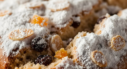 Fototapeta premium 01_Macro detail of Stollen bread texture heavy with powdered sugar.