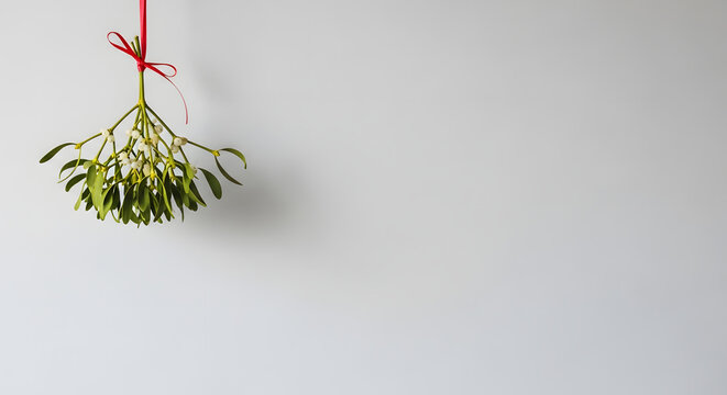 01_Minimalist shot of hanging mistletoe against a plain grey wall. Ample negative space below.