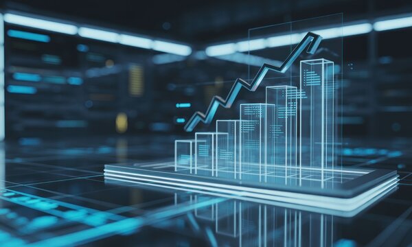 Glowing 3D financial data graph rising from a digital tablet