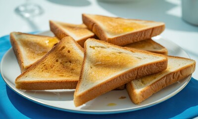 Golden toasted bread slices, piled on a white plate with butter, outdoors