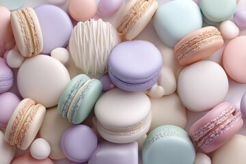 Obraz premium A colorful assortment of macarons in various pastel shades, artfully arranged on a soft background