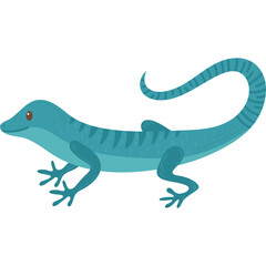 A Teal Colored Lizard with Dark Stripes on its Body and Tail Stands Out Against a White Background with Pixelated Details