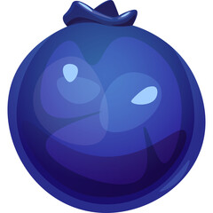 A single shiny blue blueberry with a stem sits isolated on a transparent background with light blue highlights on its surface and a dark blue cap on top