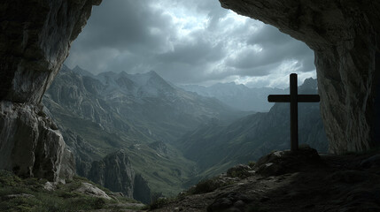 Majestic mountain vista seen from a cave entrance, a wooden cross standing in silhouette, sky filled with brooding clouds, peaceful tranquility.