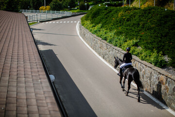 A young woman riding a horse on a summer day at an equestrian club. View from above.