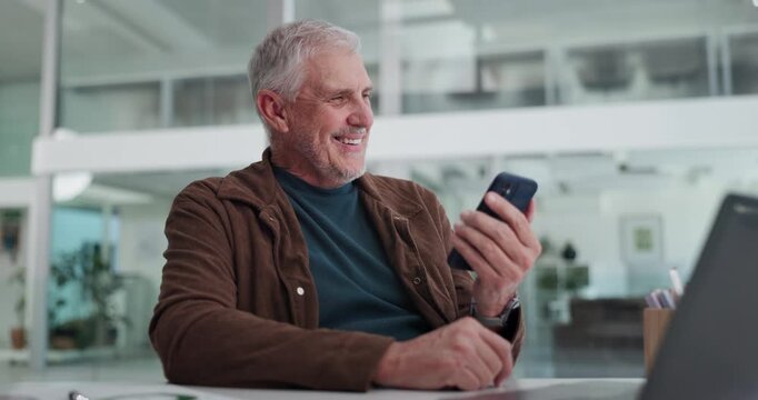 Laughing, phone and thinking with business man in office for reaction to feedback or good news. App, funny and meme with mature employee at work for communication, planning or project management