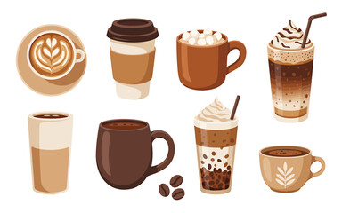 Delicious Coffee Beverages Collection Featuring Latte Cappuccino Iced Coffee and Hot Chocolate with Marshmallows