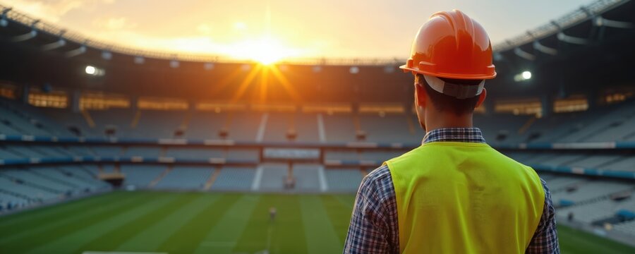 Construction worker in orange helmet surveys stadium during sunset. Person oversees sports venue development and progress with dedication, planning, and vision for future events.