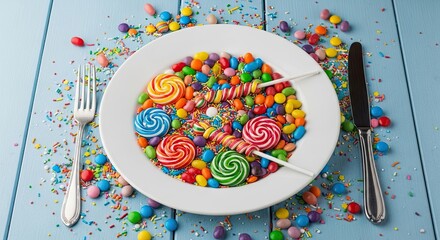 A Bright Assortment Of Colorful Candies And Lollipops Arranged On A White Plate