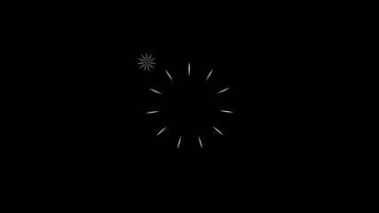 firework cartoon style circle burst animation with white line, flat, vector explosions motion effects, and glowing geometric spark trails on transparent black screen background. 4k background